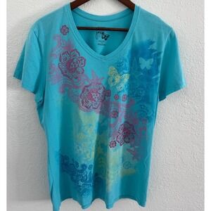 Just My Size Hanes Top Women's 1X 16W Plus Tee Teal Glitter Floral Butterfly